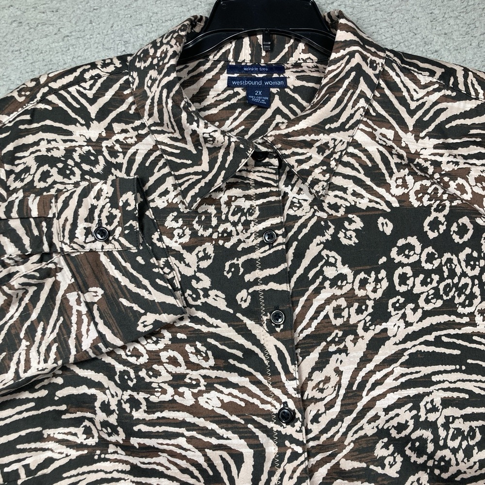 Westbound Woman Top Plus 2X Brown Safari Wrinkle Free Roll Tab‎ Long Sleeve FLAW
